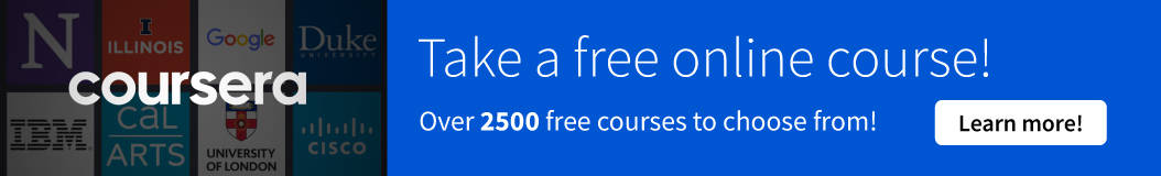Coursera banner promoting over 2500 free online courses.