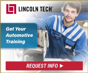 Banner ad for Lincoln Tech's automotive training program, encouraging to "Request Info".