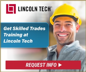 Man in hard hat promoting Lincoln Tech skilled trades training with a 'Request Info' button.