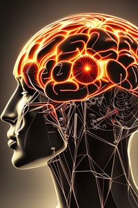Illustration of a human head with a glowing brain, showing neural connections and gears inside.