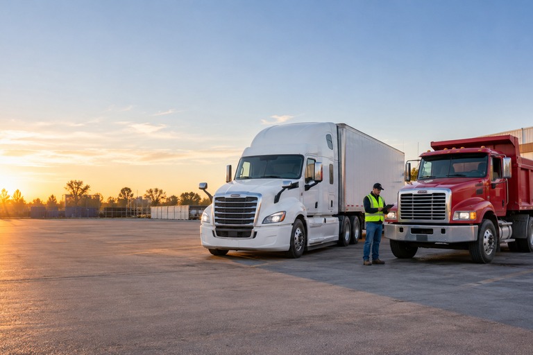 White tractor-trailer and red dump truck parked in an industrial yard with a person in a high-visibility vest standing between them at sunset.