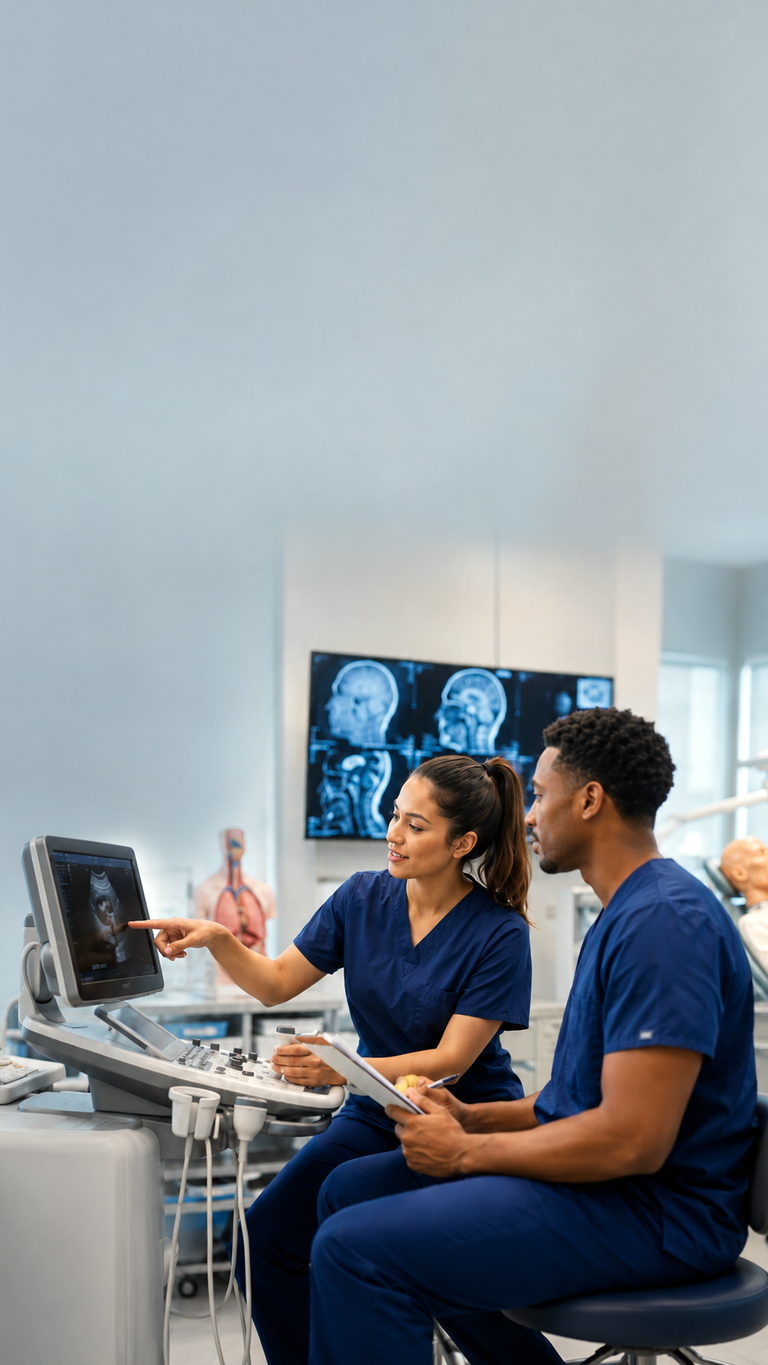 Healthcare training scene for high-paying medical jobs with relatively little schooling.