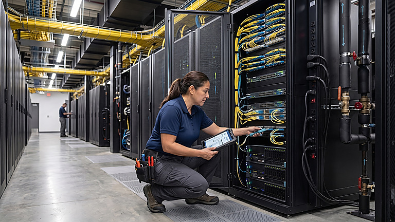 Technician working inside a modern data center with server racks, cable trays, and cooling infrastructure.