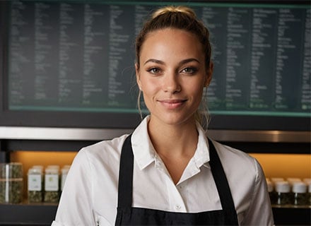 Female cannabis retail agent standing in front of a counter displaying various cannabis products, including edibles, oils, and flower buds, in a well-lit, modern dispensary.