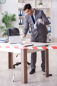 Criminal investigator wearing gloves standing at a desk.