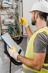 Electrician in hard hat and reflective vest inspecting wiring in electrical panel while holding clipboard