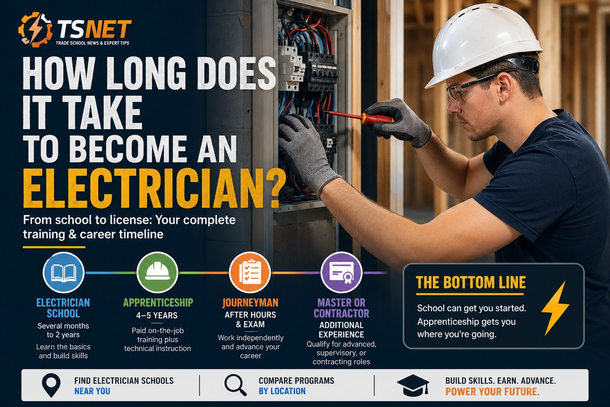 Infographic showing the timeline from electrician school to apprenticeship, journeyman status, and master or contractor roles.
