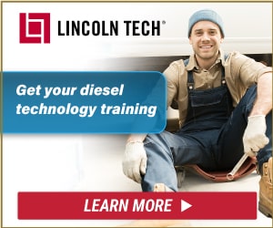 Male mechanic in overalls holding a toolbox promoting diesel technology training at Lincoln Tech.