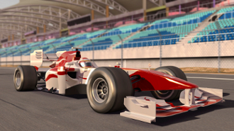 Red and white formula one race car on track in front of empty grandstands at a racing circuit.
