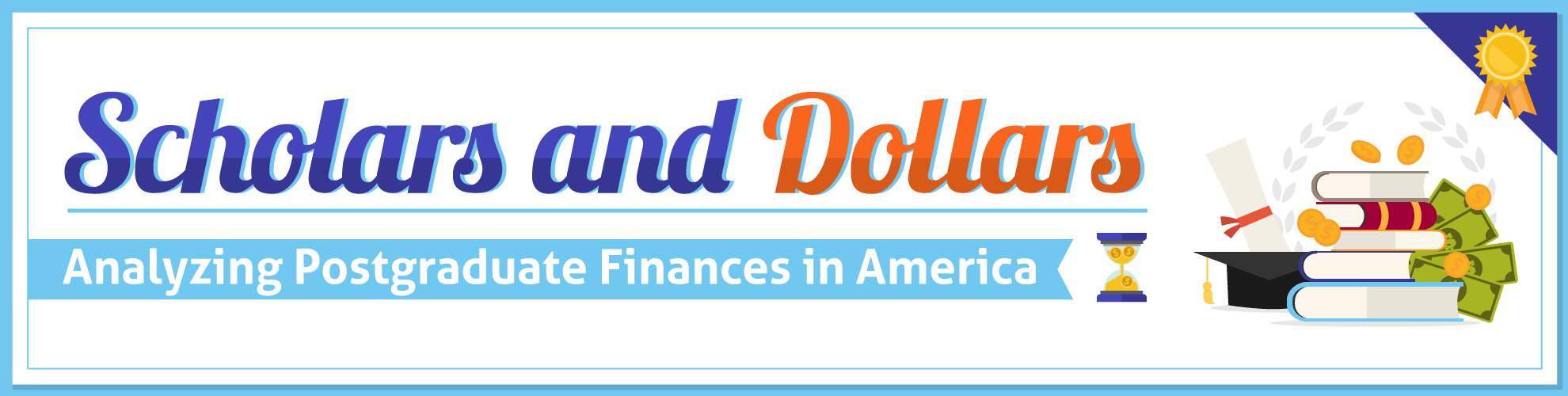 Banner for 'Scholars and Dollars: Analyzing Postgraduate Finances in America' with academic icons like books, graduation cap, trophy, and medal.
