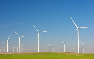 Row of wind turbines in a green field under a clear blue sky