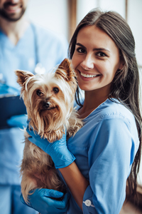 Vet tech holding a dog