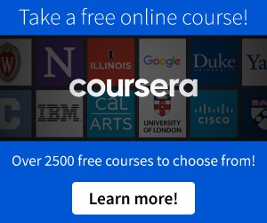 Online education advertisement for Coursera featuring logos of partner institutions like Google, Duke, and Stanford, offering over 2500 free courses.